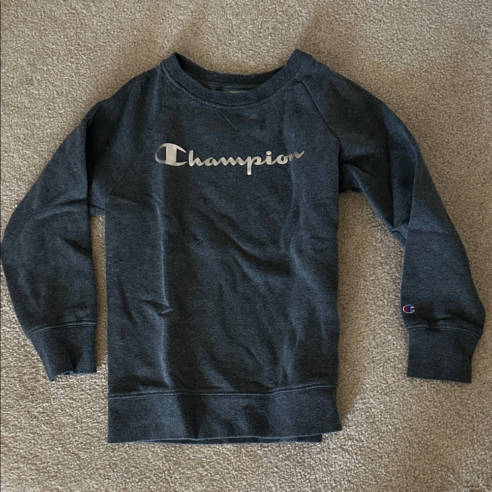Champion Kids Dark Gray Sweatshirt w/ rose gold lettering